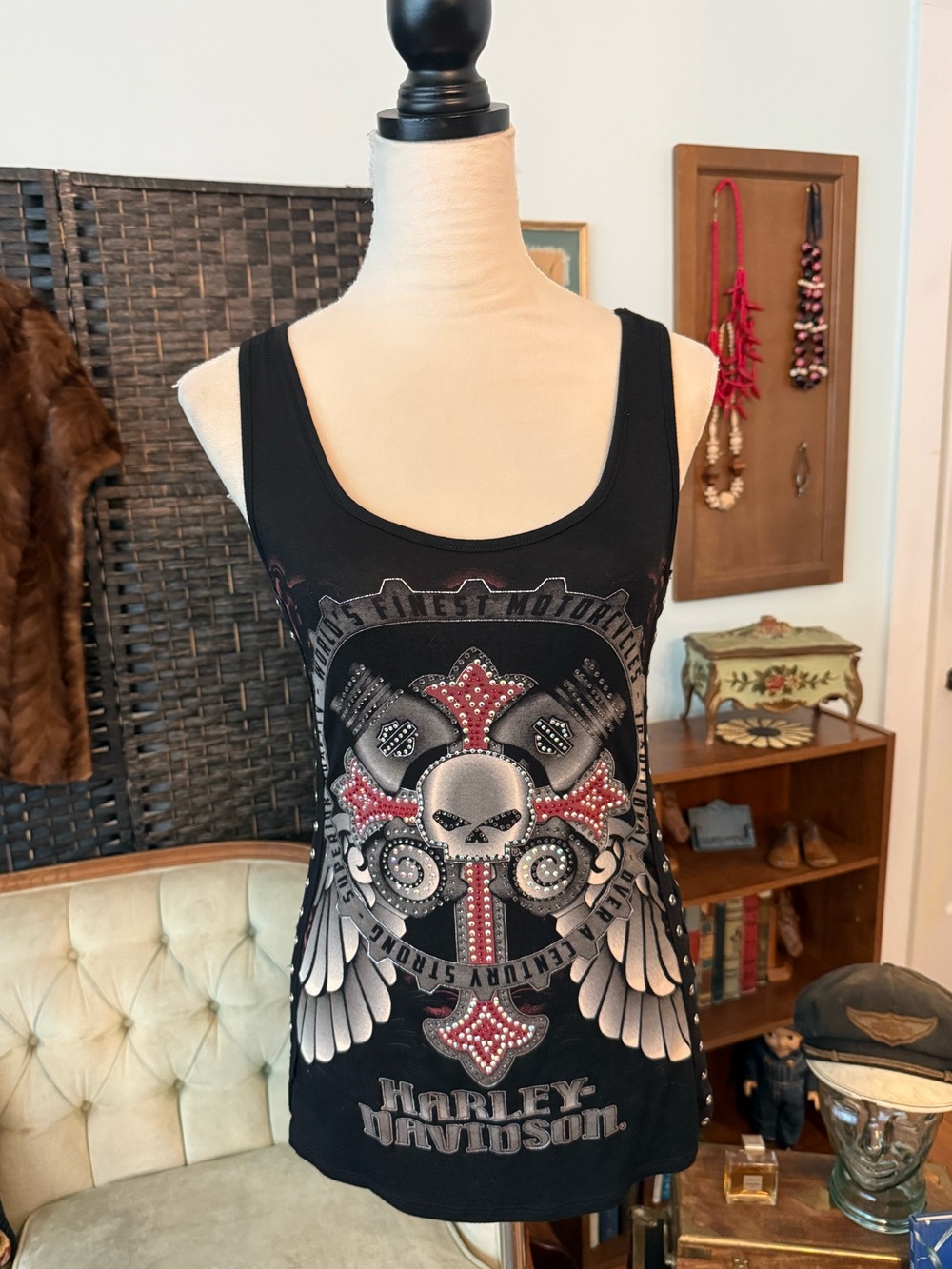 💀🏍️ Harley-Davidson Gem Bling Skull Cross Tank Small Tunic Biker Glam Y2K